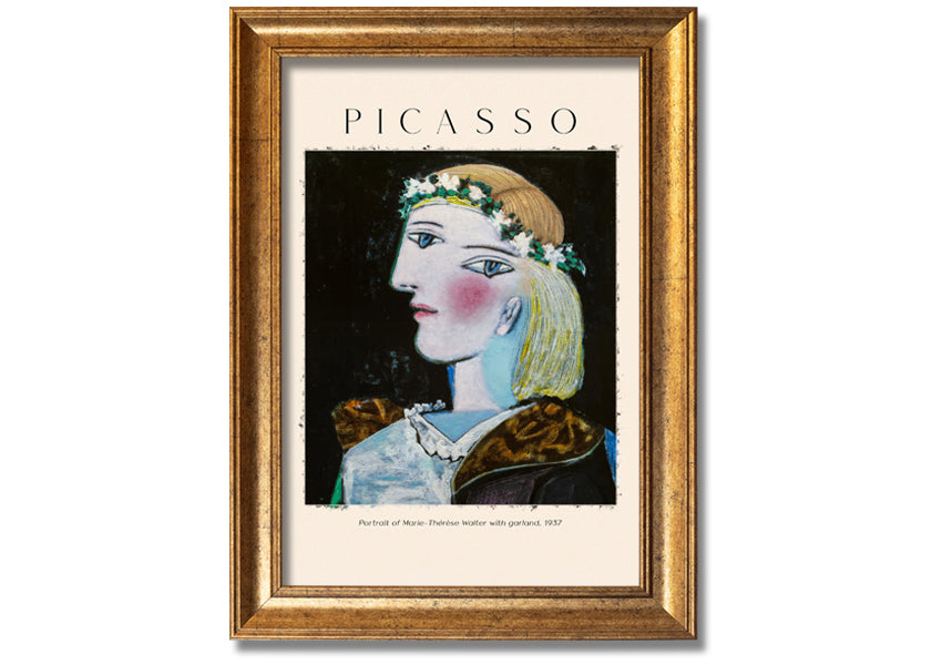 A vibrant canvas print of Picasso's Portrait Of Marie-Thérèse Walter, featuring a woman with a garland, mounted on a box frame.